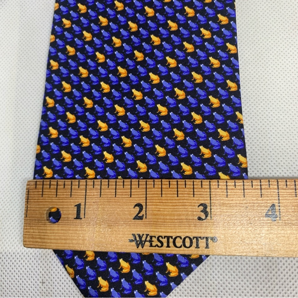 Robert Talbott men’s tie silk frog print blue gold 60 inches hand sewn in USA - Picture 7 of 7